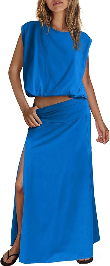 ReachMe Womens Summer Skirt Sets 2 Piece Travel Outfits Sleeveless Going Out Tops Maxi Dress Beac... | Amazon (US)