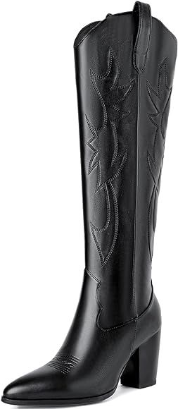 Mostrin Cowgirl Boots for Women Embroidered Cowboy Boots Pointed Toe Knee High Boots Chunky Block... | Amazon (US)