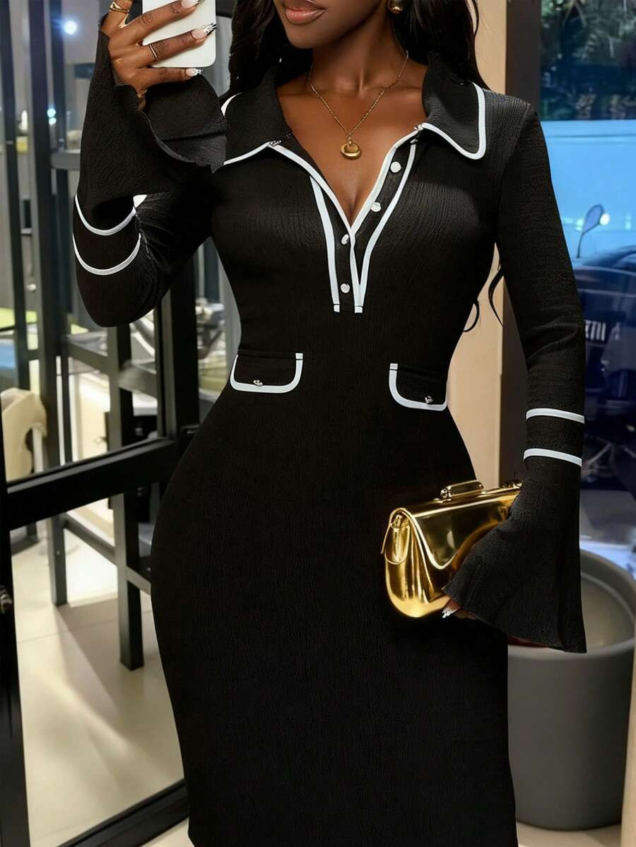 Slaydiva Autumn And Winter Casual Elegant V-Neck Long-Sleeved Hemming Decoration Metal Buckle Fis... | SHEIN