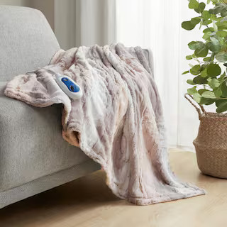 Marselle Blush/Grey 50 in. x 70 in. Oversized Faux Fur Heated Throw | The Home Depot