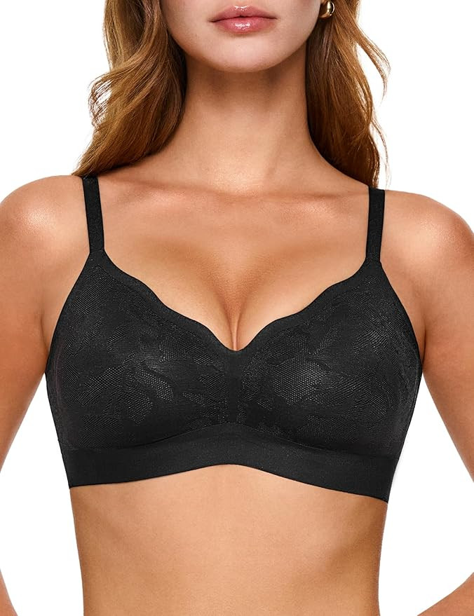 Women's Wireless No Show Lace Bras, Sexy Seamless Comfortable Bralettes No Underwire Scalloped Ts... | Amazon (US)