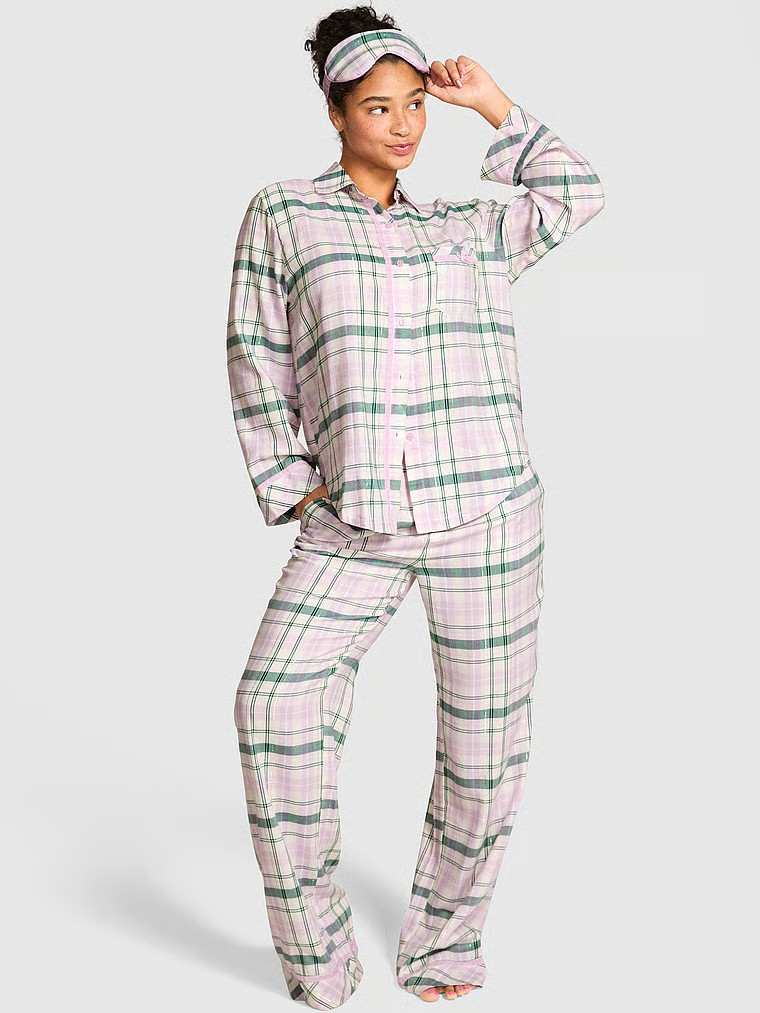 Buy 3-Piece Flannel Eye Mask & Long Pajama Set, Winter White/ Hushed Lilac/ Green Plaid - Order P... | Victoria's Secret (US / CA )