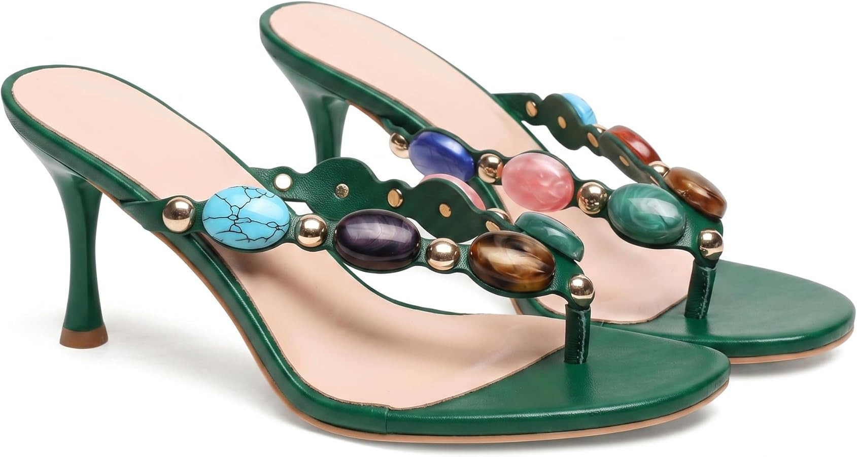 Oakmoo Women's Jeweled Thong Strappy Sandal Summer Mules Kitten Heels Flip Flop Round Open Toe Mi... | Amazon (US)