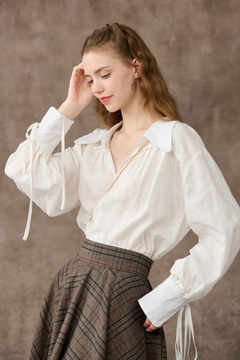 White Linen Shirt, Puff Sleeve Blouse, V-neck Shirt, Longsleeve Linen Shirt, Vintage Blouse, Vict... | Etsy (UK)