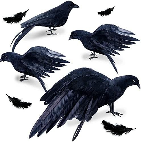 4Pack Realistic Black Feathered Crow Bird - 13" Halloween Artificial Handmade Feathered Crows and... | Amazon (US)