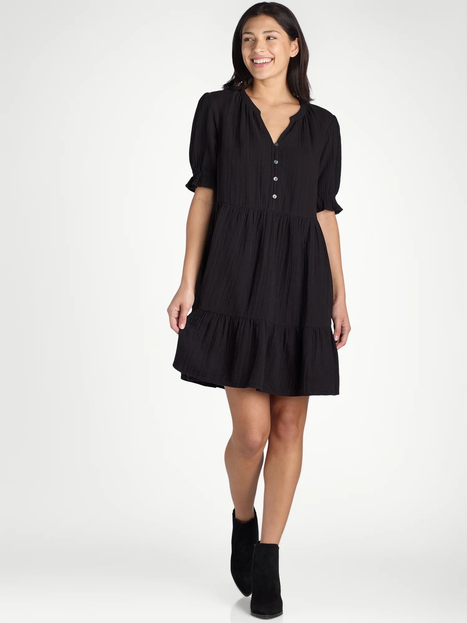 Time and Tru Women’s Cotton Tiered Mini Dress with Short Sleeves, Sizes XS-XXXL | Walmart (US)