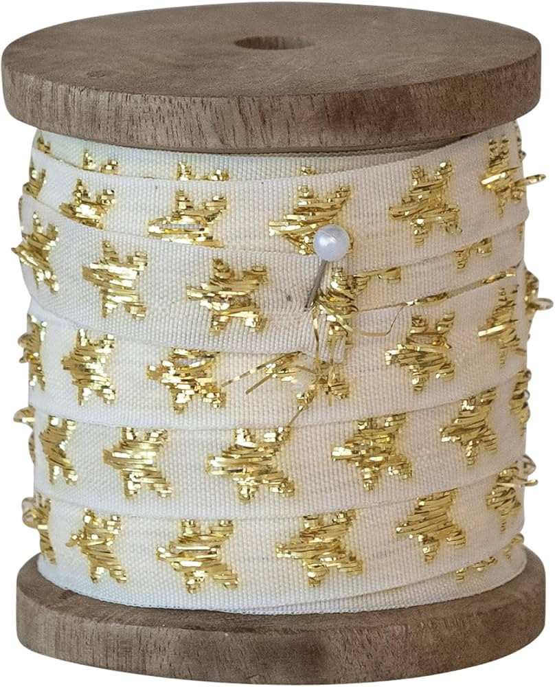 Creative Co-Op 10-Yard Fabric Ribbon on Wood Spool with Metallic Stars, Natural and Gold | Amazon (US)