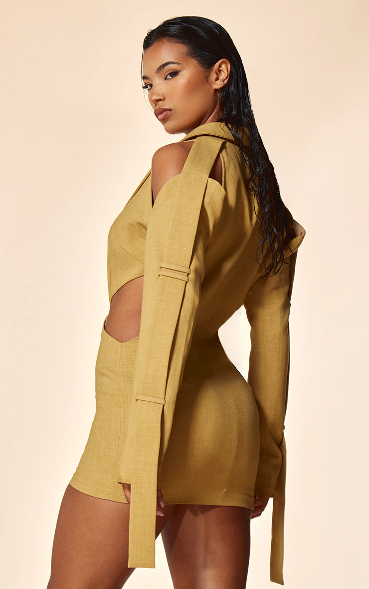 PLT Label Mustard Strap Sleeve Detail Cut Out Blazer Dress | PrettyLittleThing UK