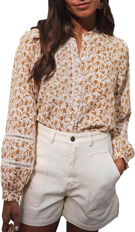 Astylish Womens Floral Printed Mock Neck Shirt Button Down Eyelet Blouse Tops | Amazon (US)