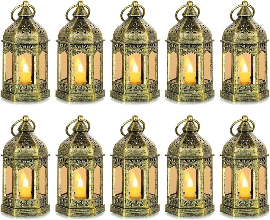 Small Lanterns with LED Candles Set of 10, Hewory Mini Gold Gothic Lantern Vintage Decorative Han... | Amazon (UK)