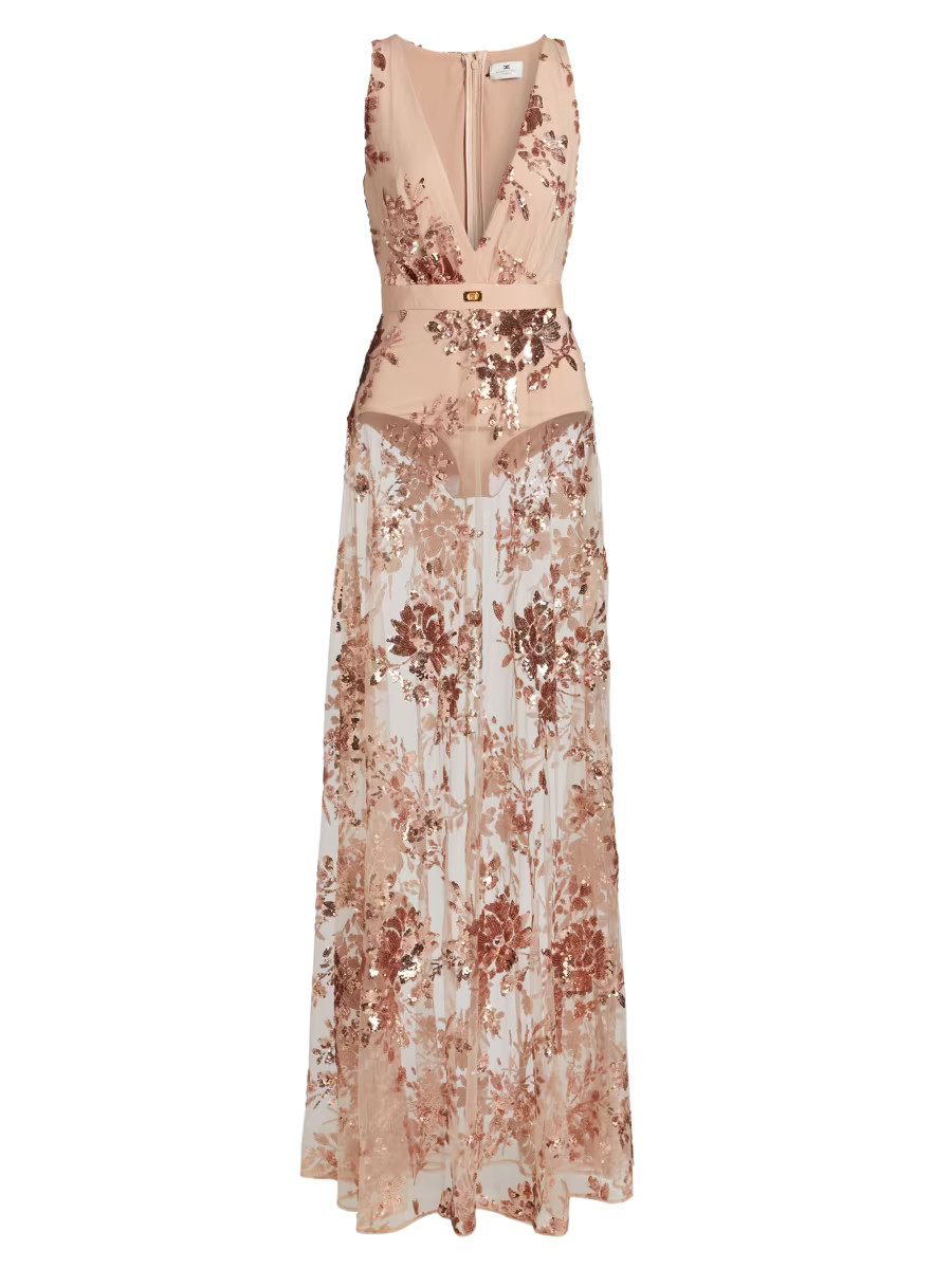 Elisabetta Franchi Sheer Floral Embellished Gown | Saks Fifth Avenue | Saks Fifth Avenue