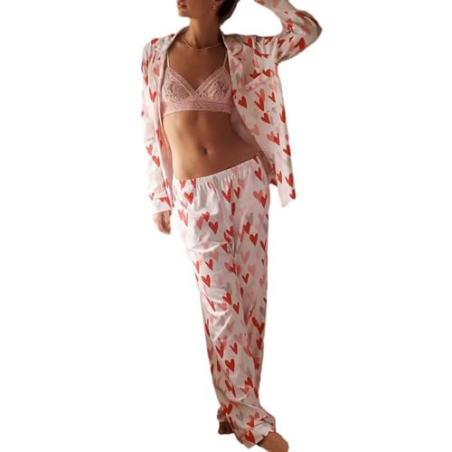 Juakoso Women Valentine's Silk Satin Pajamas Long Sleeve Heart Button Down Shirt Top Pants 2 Piece Pjs Y2k Sleepwear | Amazon (US)
