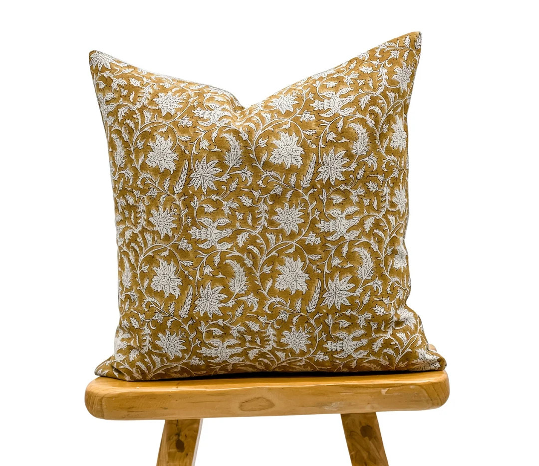Designer Floral Yellow Mustard on Natural Linen Pillow Cover - Etsy | Etsy (US)