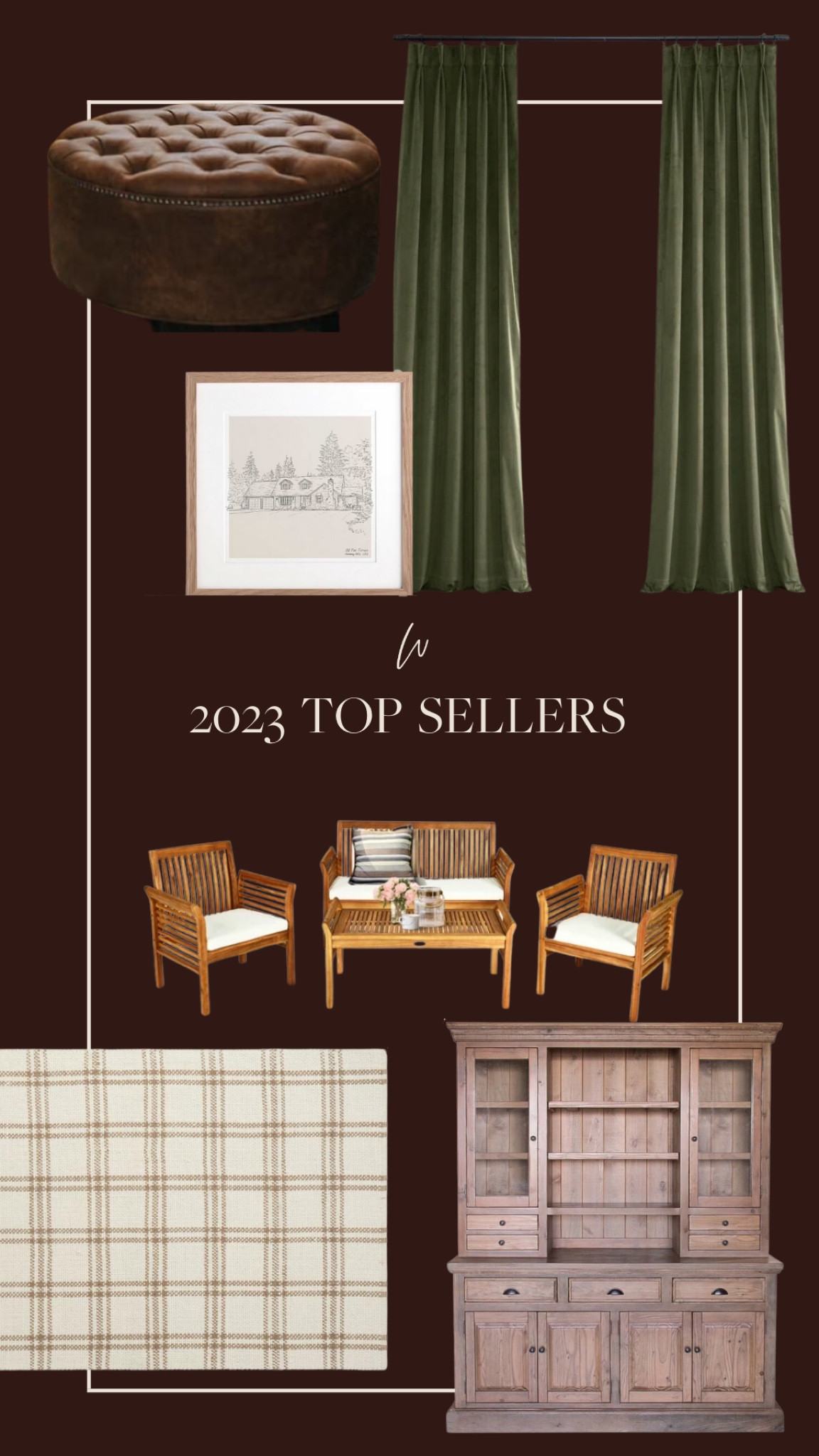 top selling products of 2023! Green velvet curtains, studio mcgee plaid rug, custom hutch, custom house portrait, leather tufted ottoman, wood outdoor patio set
