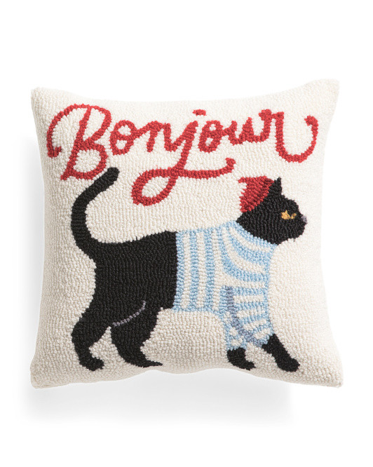 16x16 Bonjour Cat Hooked Pillow | TJ Maxx