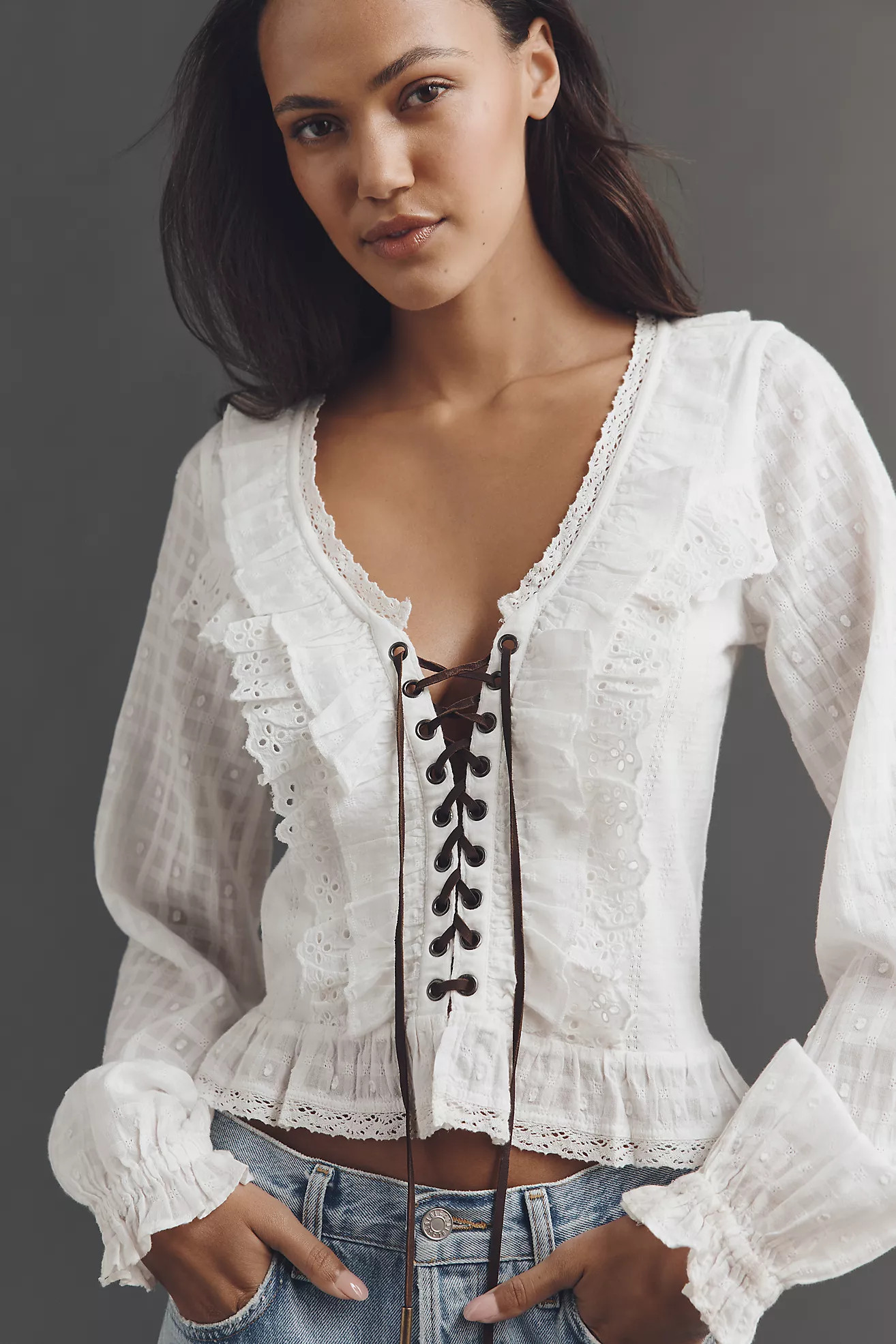 Pilcro Eyelet Ruffle Long-Sleeve Blouse | Anthropologie (US)