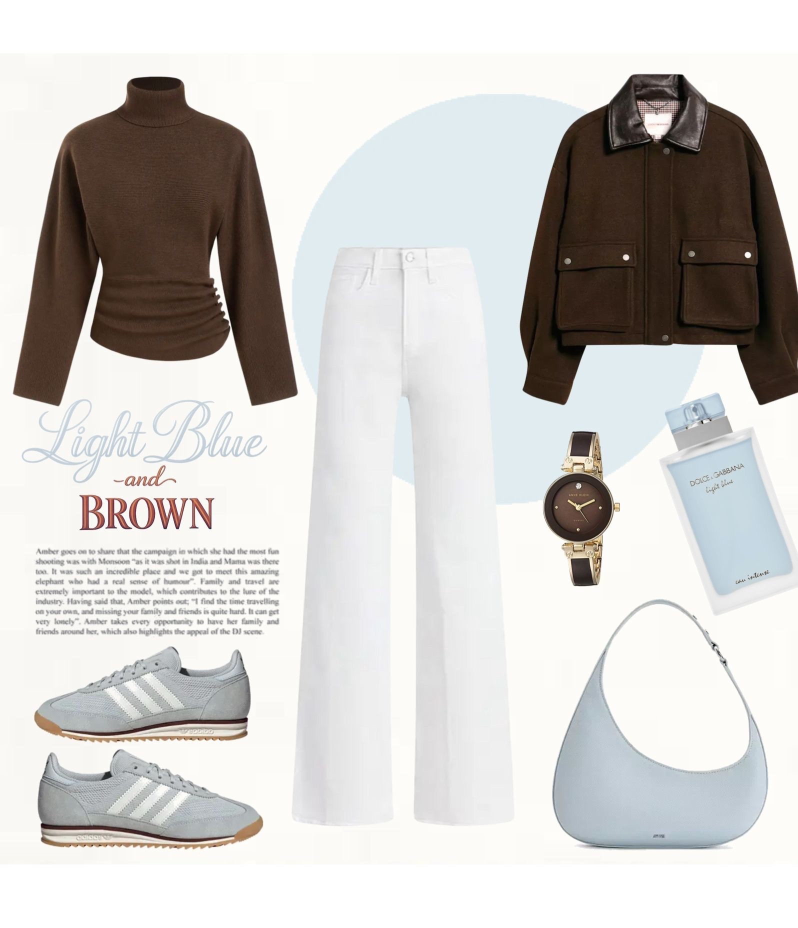 Light Blue & Brown

Light blue and brown winter outfit with a chocolate brown knit sweater, white wide-leg trousers, cropped brown jacket, light blue shoulder bag, light blue sneakers, and gold-accent watch. A chic casual look that balances soft tones with rich neutrals for effortless everyday style.

#LightBlueStyle #WinterOutfitIdeas #CasualChicLook

#LTKootd #LTKOver40 #LTKSeasonal