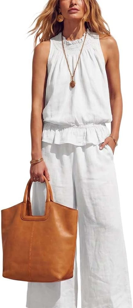 Linen Sets for Women 2 Piece Summer Outfits, Sleeveless Two Piece Sets for Women Summer Wide Leg ... | Amazon (US)