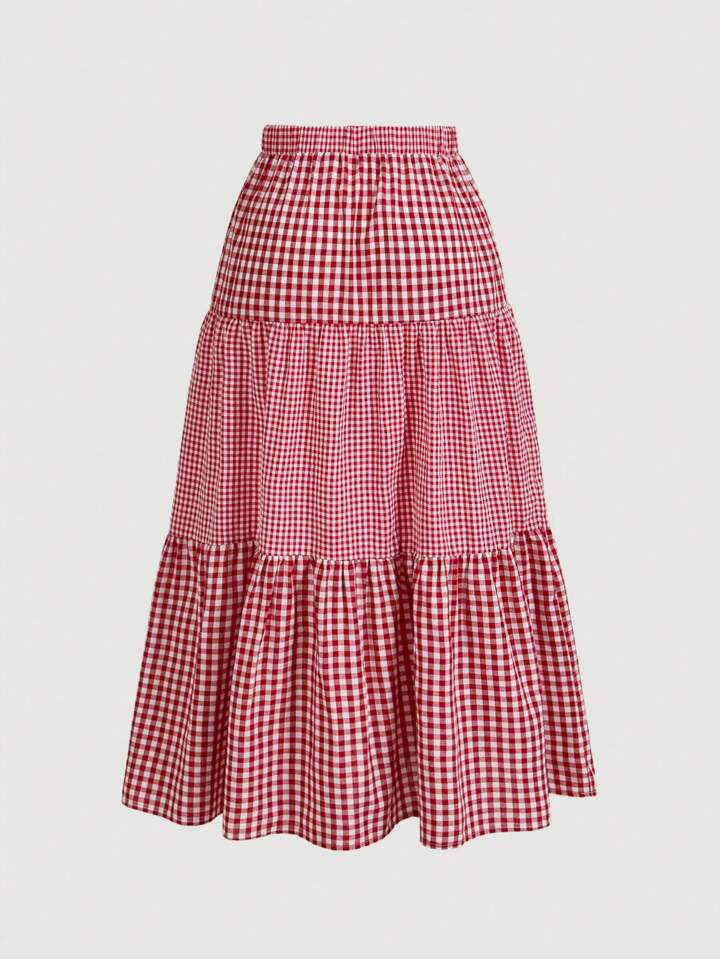 SHEIN MOD Plus Size Summer Picnic Red & White Plaid Patchwork Layered Skirt | SHEIN