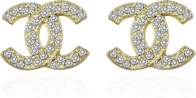 Double C Alphabet Stud Earrings Gold Cubic Zirconia cc Earrings for Women | Amazon (US)