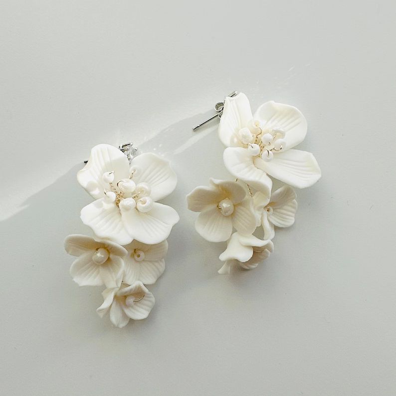 Floral Drop Earrings for Bride, Gold Bridal Earrings, Silver Wedding Flower Earrings, Bridal Dang... | Etsy (US)