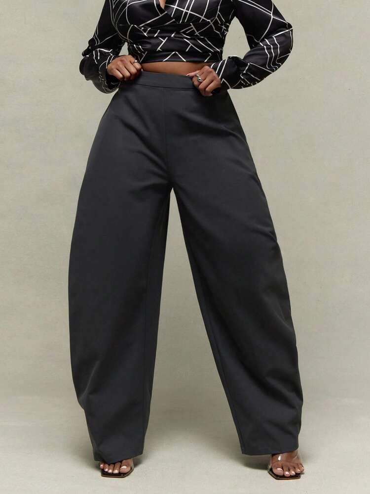 Vixey Dark Charcoal High Waist Seam Detail Barrel Leg Trousers | SHEIN