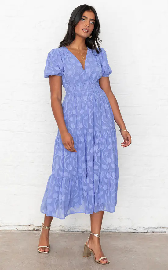 Blue Short Sleeve Floral Burn Out Midi Dress | Lovedrobe | SilkFred | SilkFred