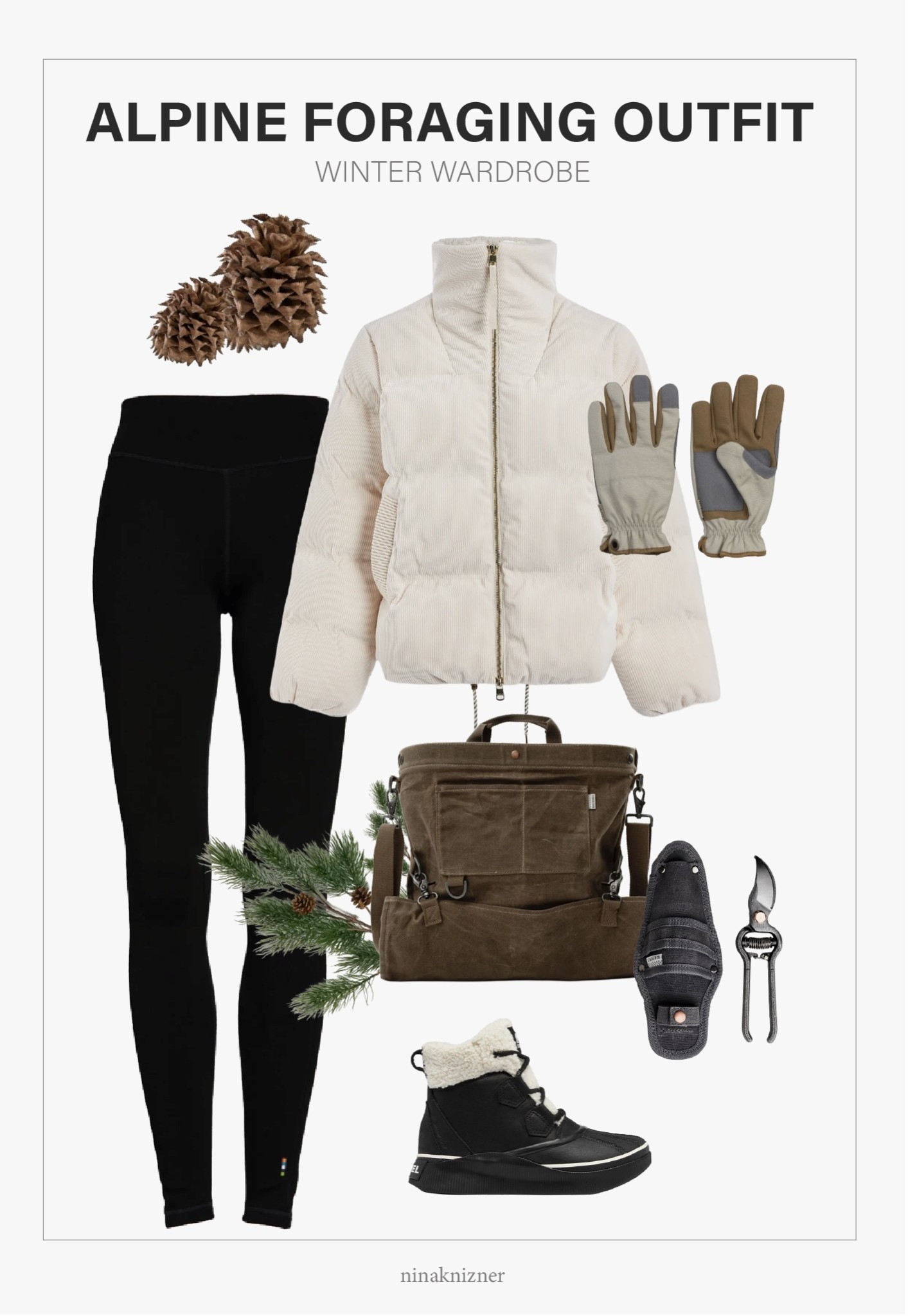 Snowy adventures outfit for the mountains..

I picked up foraging for Morel mushrooms in Tahoe, however excited to go hunting for pinecones this season. Also love collecting branches for decor, and since the sap from these items can be sticky, I invested in this gorgeous roomy wax bag and pruner.

- Varley Brackley Cord Puffer Jacket in Birch 
- Smartwool Merino 250 Base Layer Bottoms in Black
- Barebones Harvesting/Gathering Bag 
- Barebones Gardening Gloves
- Barebones Pruners 
- Sorel Out N About Snow Booties in Light Taupe 


#puffer #corduroy #cream #jacket #coat #thermal #leggings #winterleggings #snow #boots #snowboots #winterboots #shoes #wintershoes #mountain #alpine #insulated #shearling #white #winterwhite #waterproof #bootie #foraging #bag #adventurebag #hiking  #winteroutfitswomen