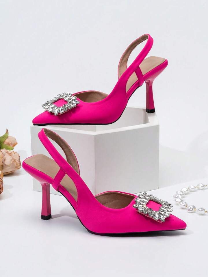 Glamorous Hot Pink Pumps For Women, Rhinestone Decor Point Toe Stiletto Heeled Slingback Pumps | SHEIN