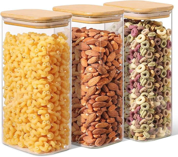 ComSaf 1.8 Qt Rectangle Glass Storage Containers with Lids, Glass Jars with Bamboo Lids, Clear Fo... | Amazon (US)