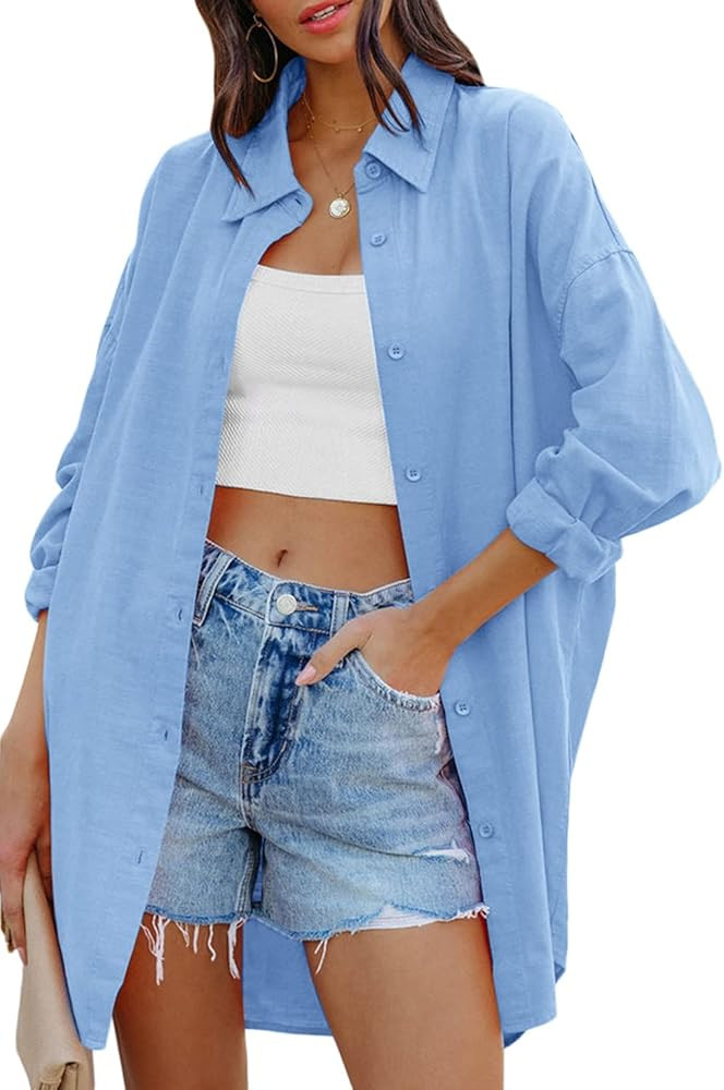 FSHAOES Womens Oversized Button Down Shirts Casual Loose Long Sleeve Solid Color Lapel Long Blouses  | Amazon (US)