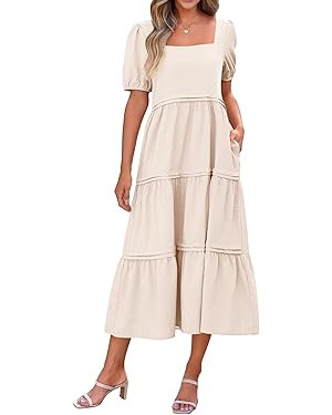 KIRUNDO Women Summer Dresses 2024 Spring Fashion Boho Puff Sleeve Square Neck Pocketed Loose Fit ... | Amazon (US)