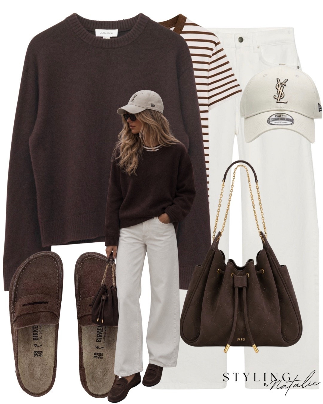 KNITWEAR 🤎 boxy fit knit jumper, white wide leg jeans, stripe t-shirt, YSL cap, Birkenstock Naples backless loafers. 
*BAG IS JW PEI 
Casual, preppy, smart causal, autumn outfit

#LTKautumn #LTKeurope #LTKFashionMonth