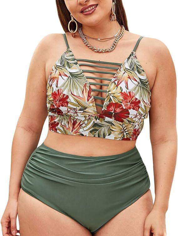 Romwe Women's Plus Size Floral Print High Waist Bikini Swimsuit Ruched 2 Piece Bathing Suit | Amazon (US)