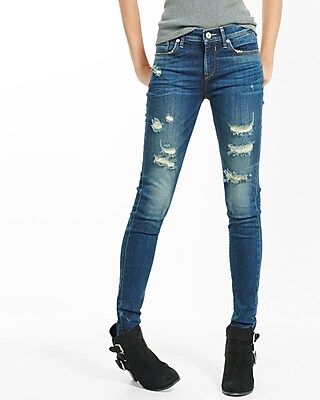 Express Womens Mid Rise Dark Wash Distressed Stretch Jeggings, Women's Size:18 Short Blue 18 Short | Express