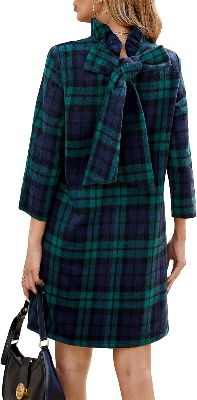 Women's Fall Plaid Dress Bow Tie Long Sleeve Wool Dresses Casual Elegant Formal Shift Mini Dress ... | Amazon (US)