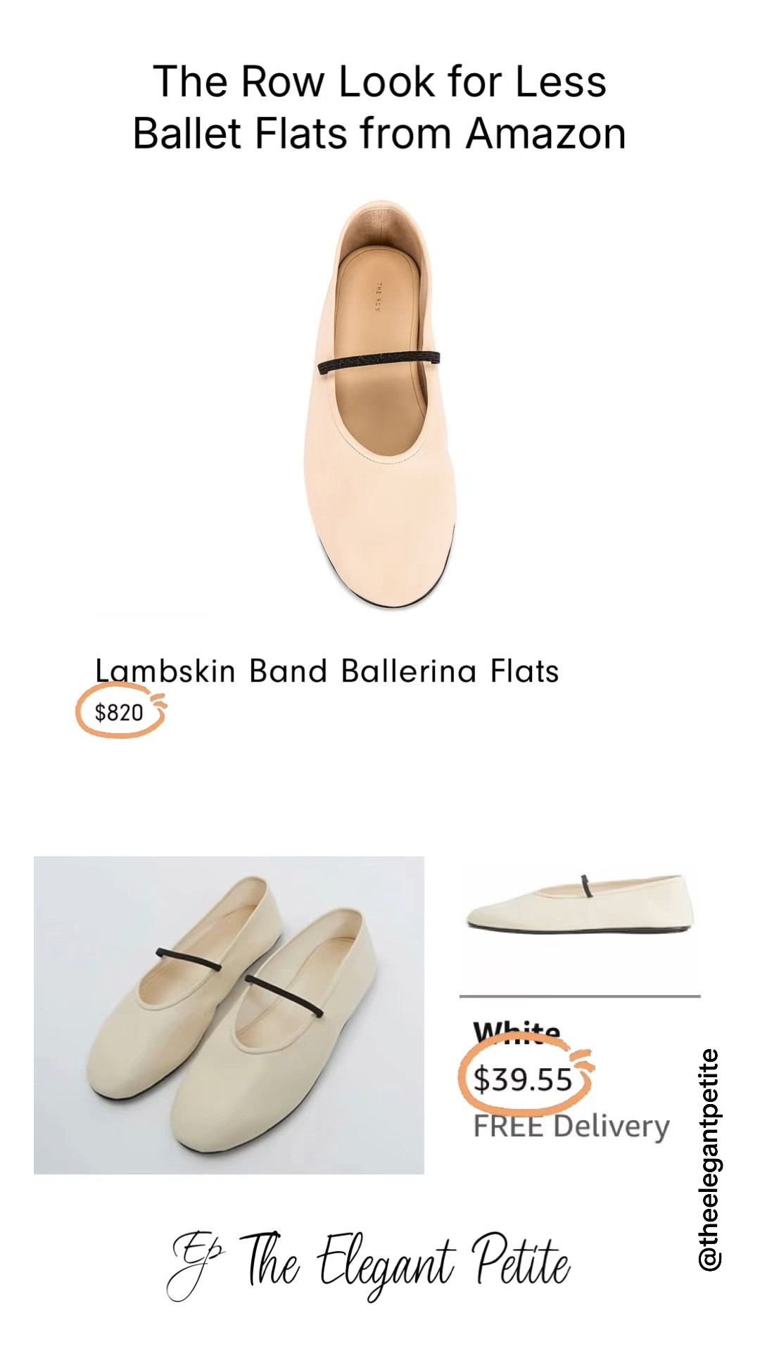 The Row Look for Less Ballet Flat from Amazon 
Follow me for more inspiration. Affordable fashion items with a touch of luxury.                           The Row milk white classic ballet slipper in supple calfskin nappa leather.
*   round toe
*   delicate elastic strap across the instep
*   black leather footbed
*   black matte velvety rubber sole #elegantstyle #styleinspo
#designerinspired
#designeramazonfashion
#therowlookforless

#LTKootd #LTKPetite