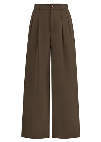 KIRUNDO Wide Leg Dress Pants for Women High Waisted Office Work Trousers Business Casual Slacks Button Flowy Palazzo Pant(Coffee, XX-Large) | Amazon (US)