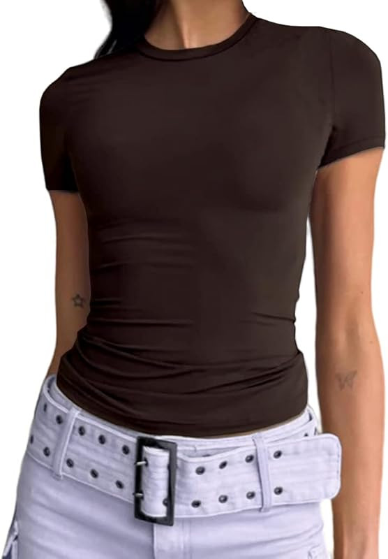 Women's Casual Basic Going Out Crop Tops Slim Fit Short Sleeve Crew Neck Tight T Shirts | Amazon (US)