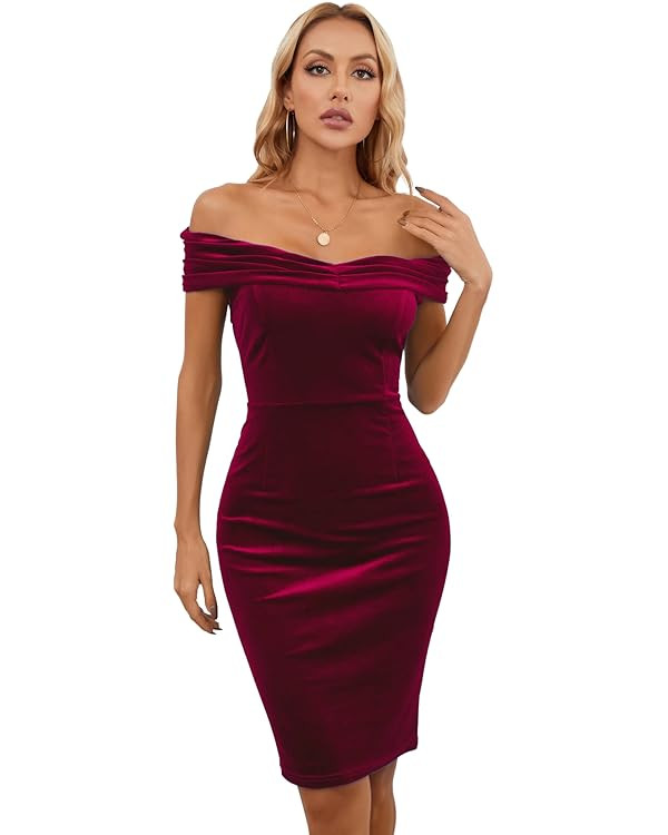 Womens Off Shoulder Velvet Bodycon Cocktail Dresses Midi Vintage Party Formal Evening Club Dress | Amazon (US)