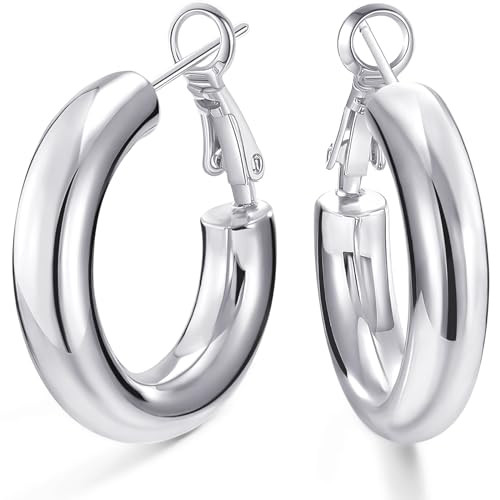 SHOWNII Chunky Gold Hoop Earrings - 14K Gold Plated Earrings for Women Hollow Tube Thick Hoops Gr... | Amazon (US)