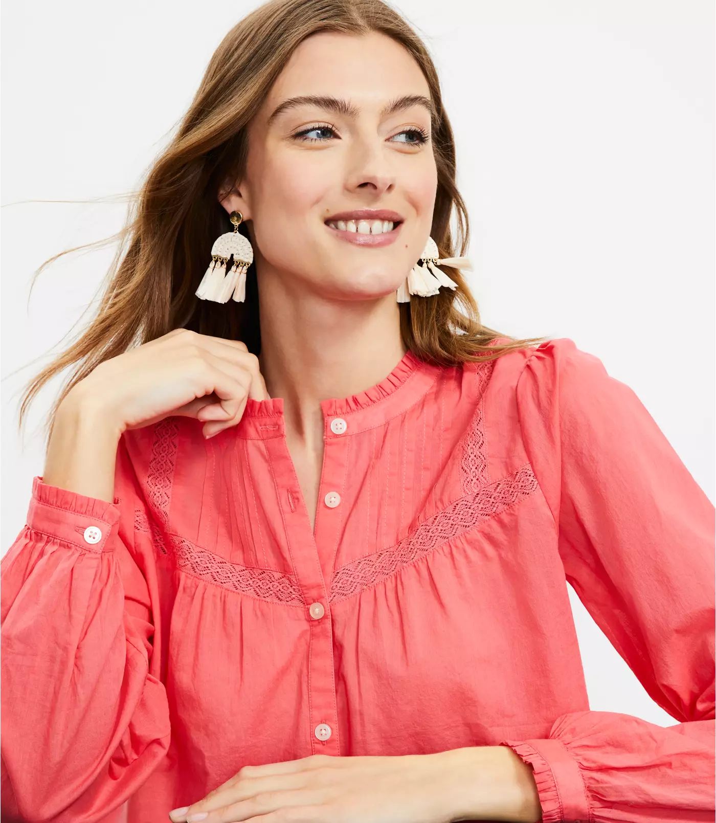 Embroidered Pleated Yoke Blouse | LOFT