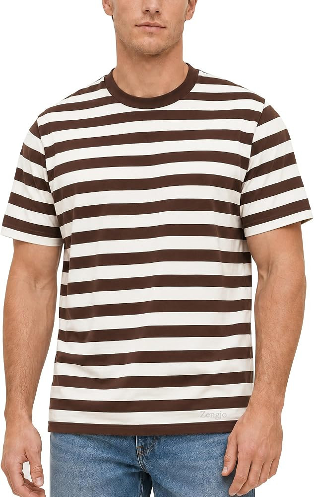 Zengjo Mens Striped T Shirt Cotton Stretch Crewneck Short Sleeve Casual Tee     Retro style, mime... | Amazon (US)