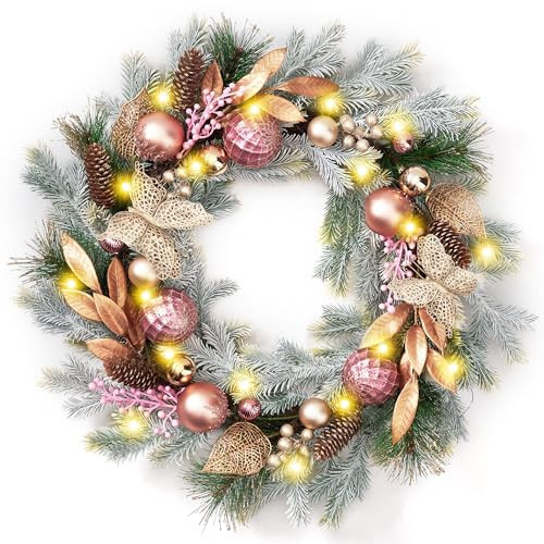 DecorbyHannah 24'' Pre-Lit Christmas Wreath for Front Door with Lights, Large Pink Lighted Christmas Wreaths with Ornaments for Window, Battery Operated Outdoor Xmas Wreath for Winter Holiday Decor | Amazon (US)