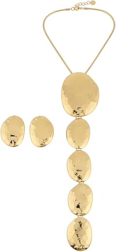 Statement Necklace and Earrings Set for Women, Silver Geometric Hammered Texture Jewelry, Extra L... | Amazon (US)