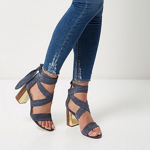Blue suede wrap block mid heel sandals | River Island (US)