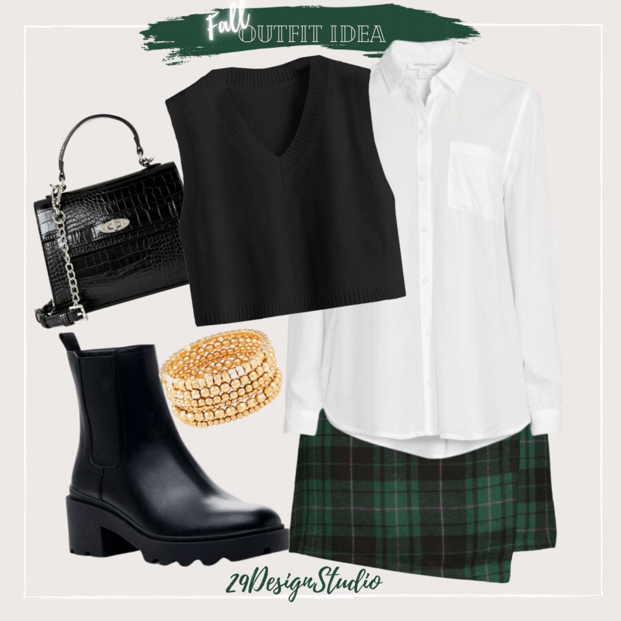 Plaid skirt outfit. Chelsea boots with skirt. Cropped vest. Fall style. Fall skirt outfit. Booties outfit. Walmart style. Walmart outfit. Walmart finds. 

#LTKHoliday #LTKstyletip #LTKSeasonal