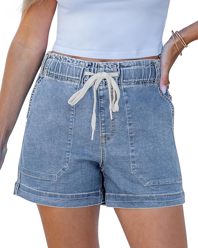 luvamia Jean Shorts for Women High Waisted Pull On Drawstring Elastic Waist Trendy Stretchy Denim... | Amazon (US)