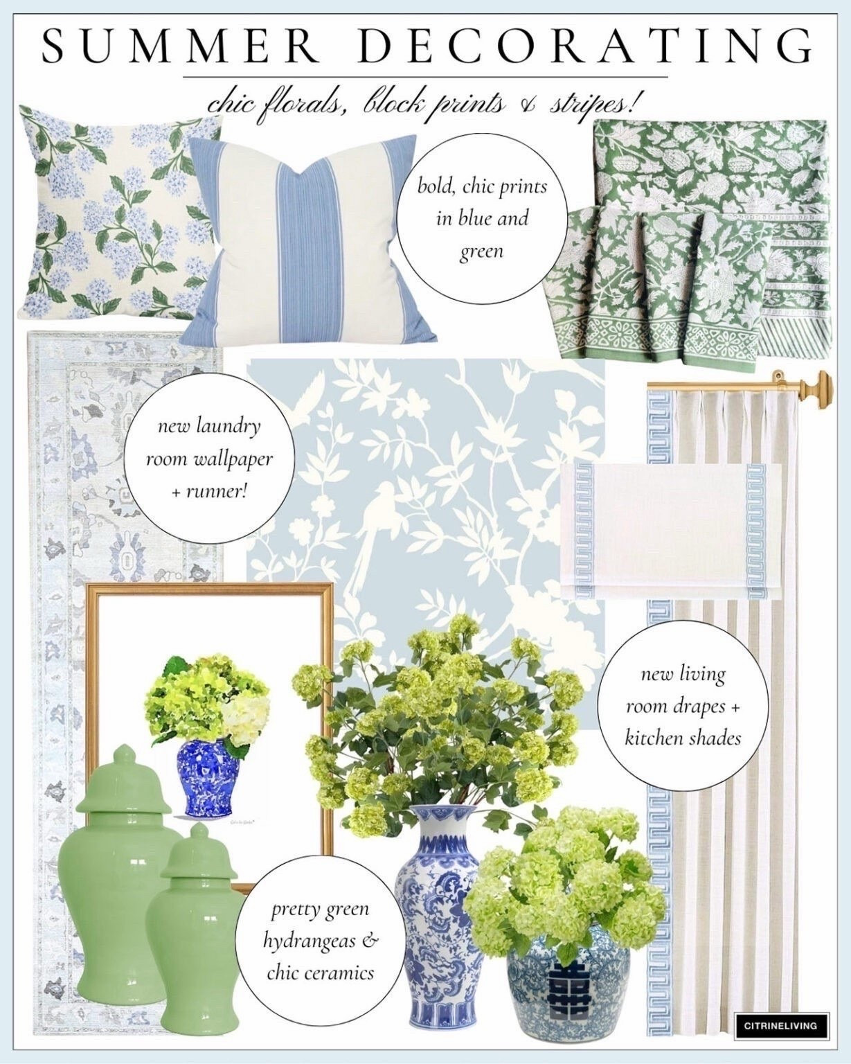 Last years chic summer home decor in gorgeous florals, block prints, stripes and more - ginger jars, drapes, roman blinds, hydrangeas, snowball hydrangeas, chinoiserie, wallpaper, pillows, runner rug

#LTKSeasonal #LTKHome