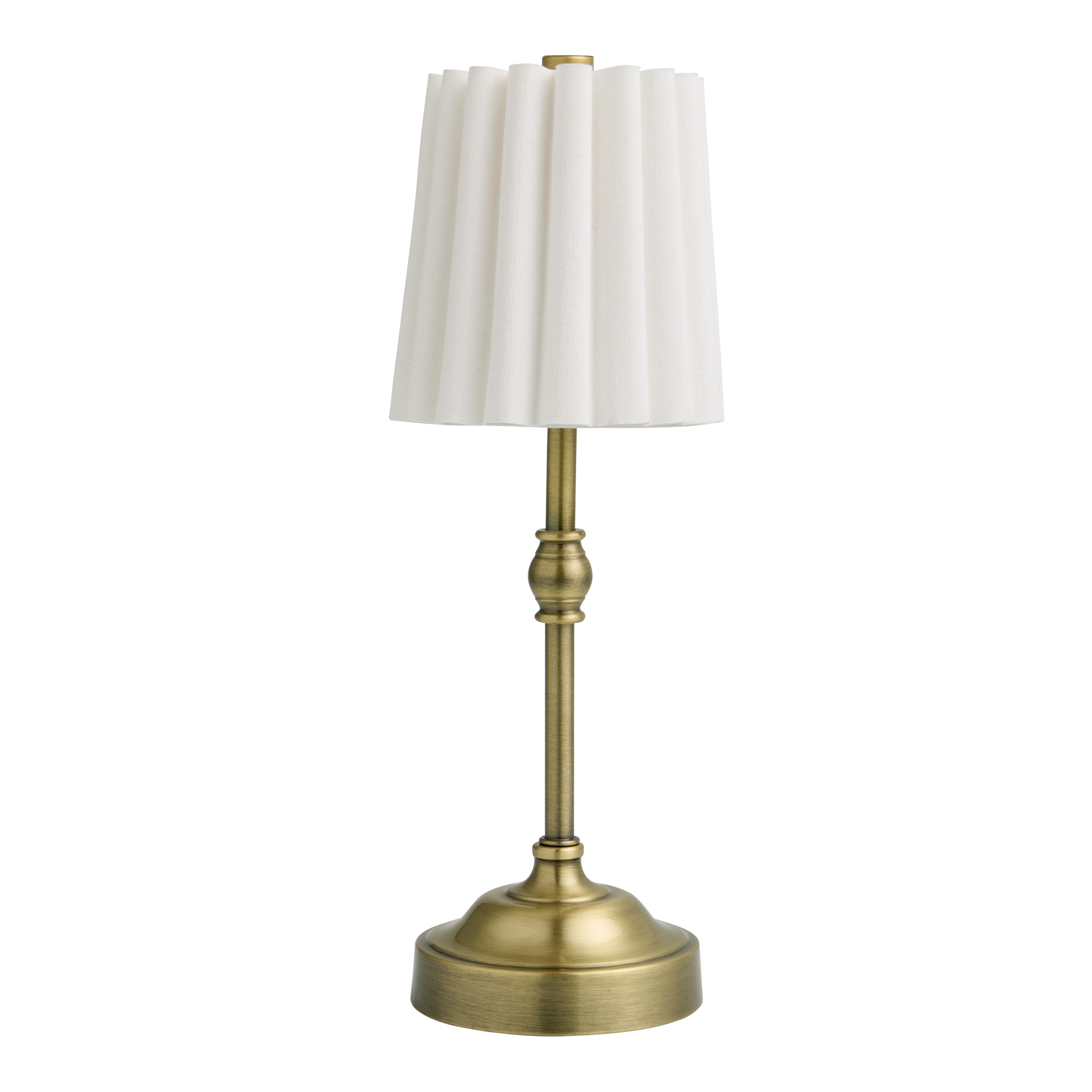 Antique Brass and White Pleated Rechargeable LED Cordless Touch Lamp | World Market